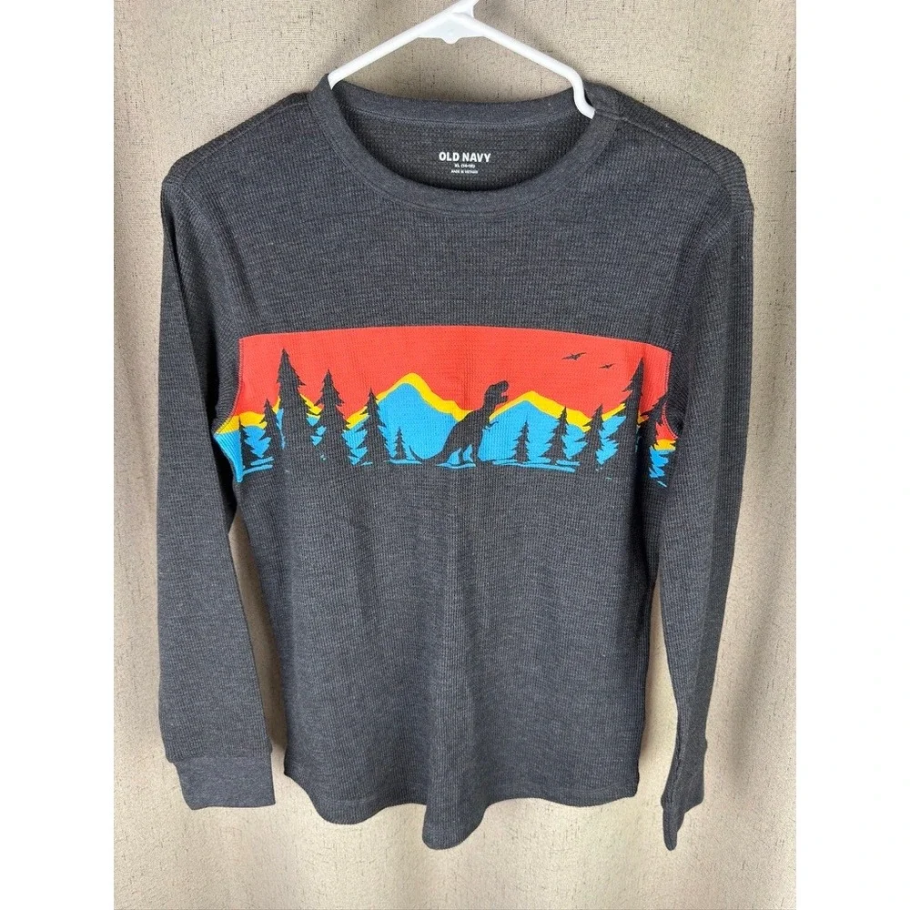 Old Navy Thermal Shirt Kids XL 14-16 Gray NEW Dinosaur Graphic Waffle Knit‎
